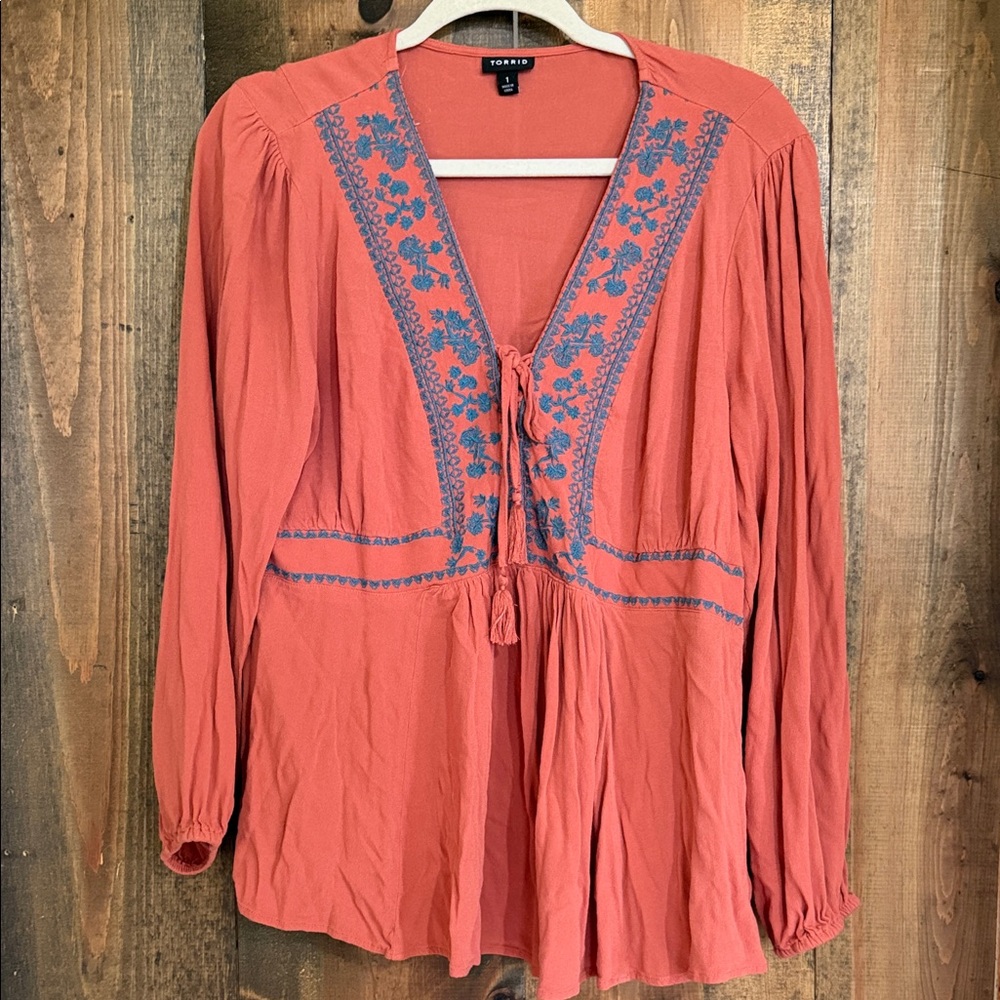 torrid Coral Long-Sleeve Embroidered Tie-Front Tunic